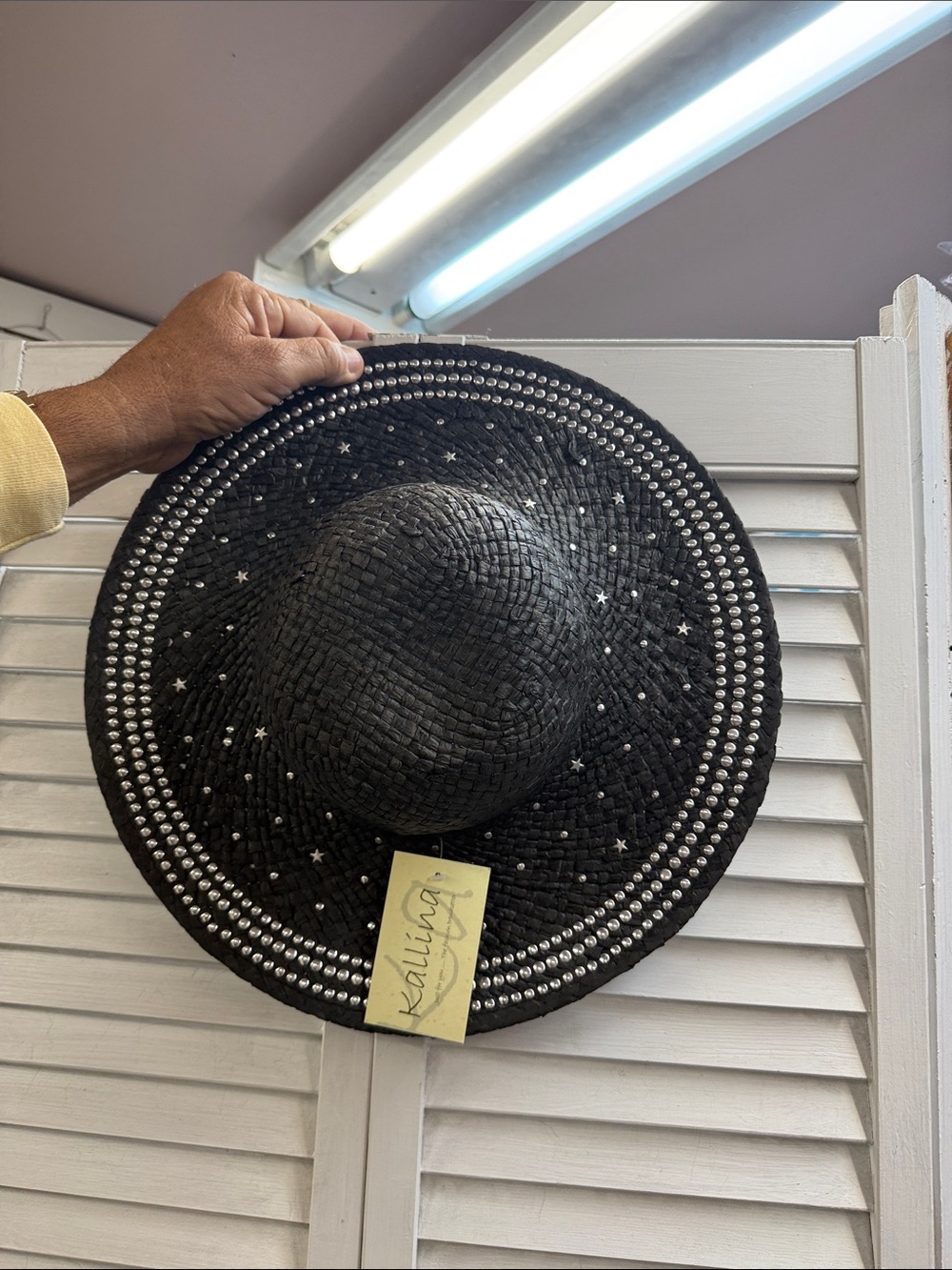 Black Straw Sun Hat with Silver Stud Trim